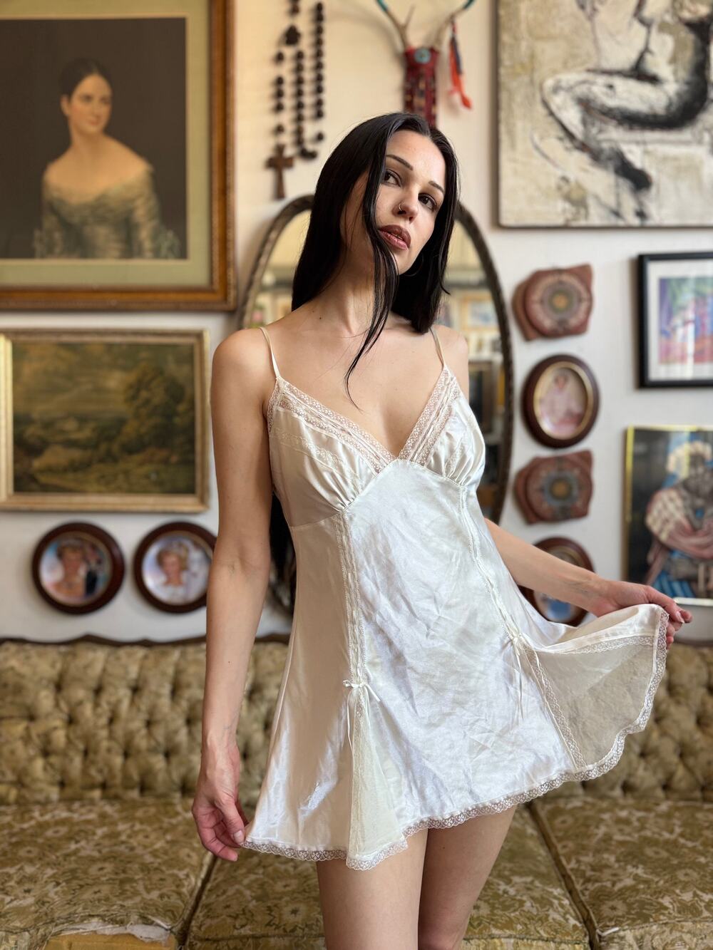 90s Lace Trim Satin Slip Dress Size Large by Valerie Stevens